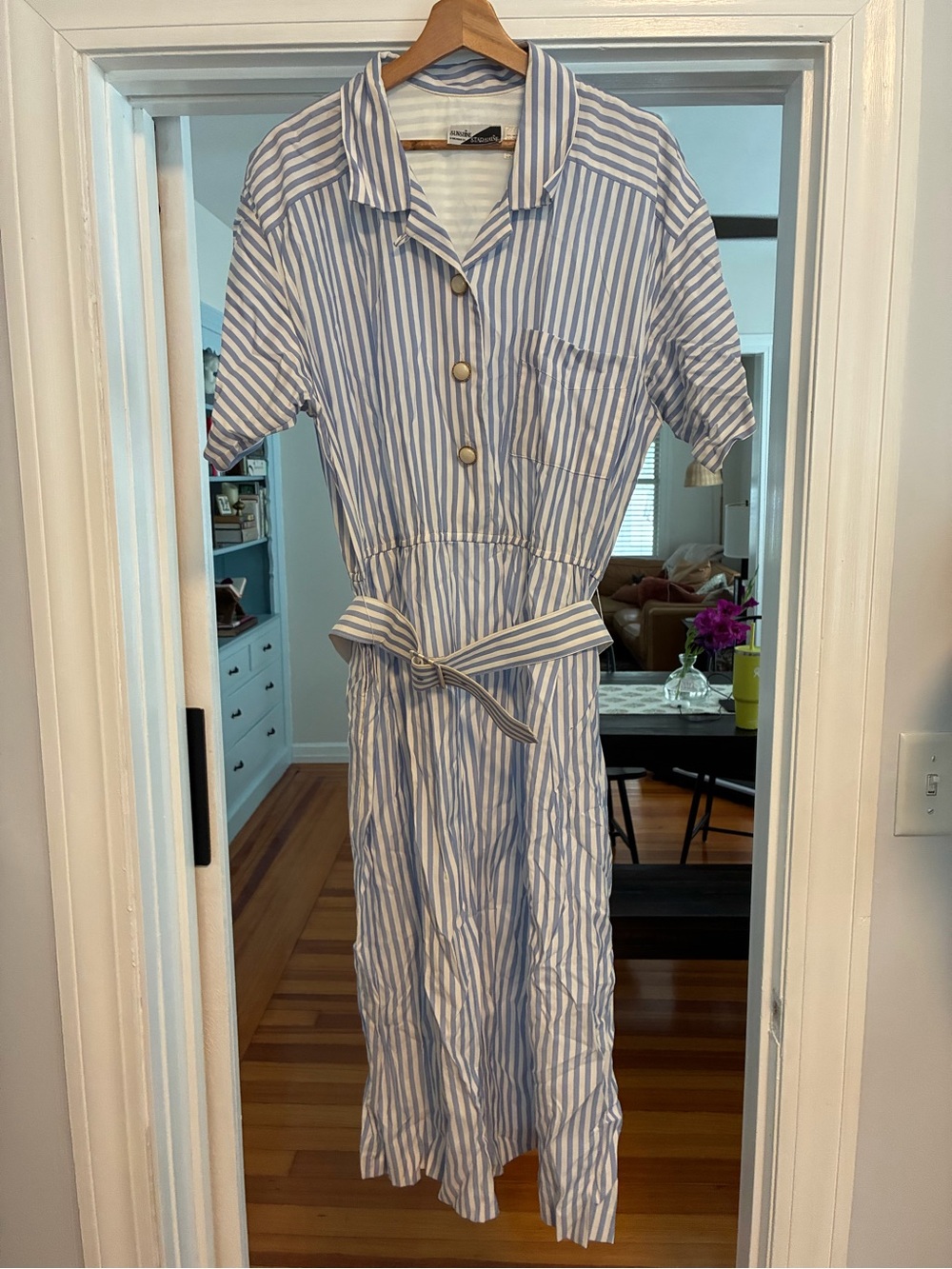 Vintage Striped Blue and White Midi Shirt Dress with Tie Belt